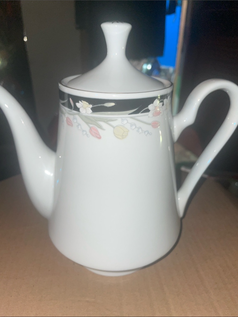 White Porcelain Teapot with Floral Border